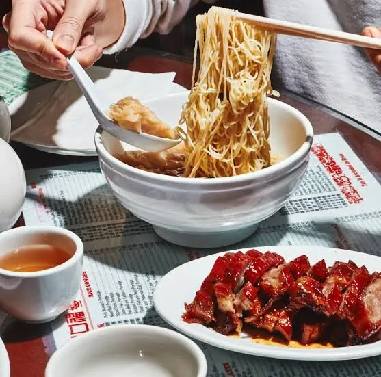 Wonton noodle soup and a plate of char siu
